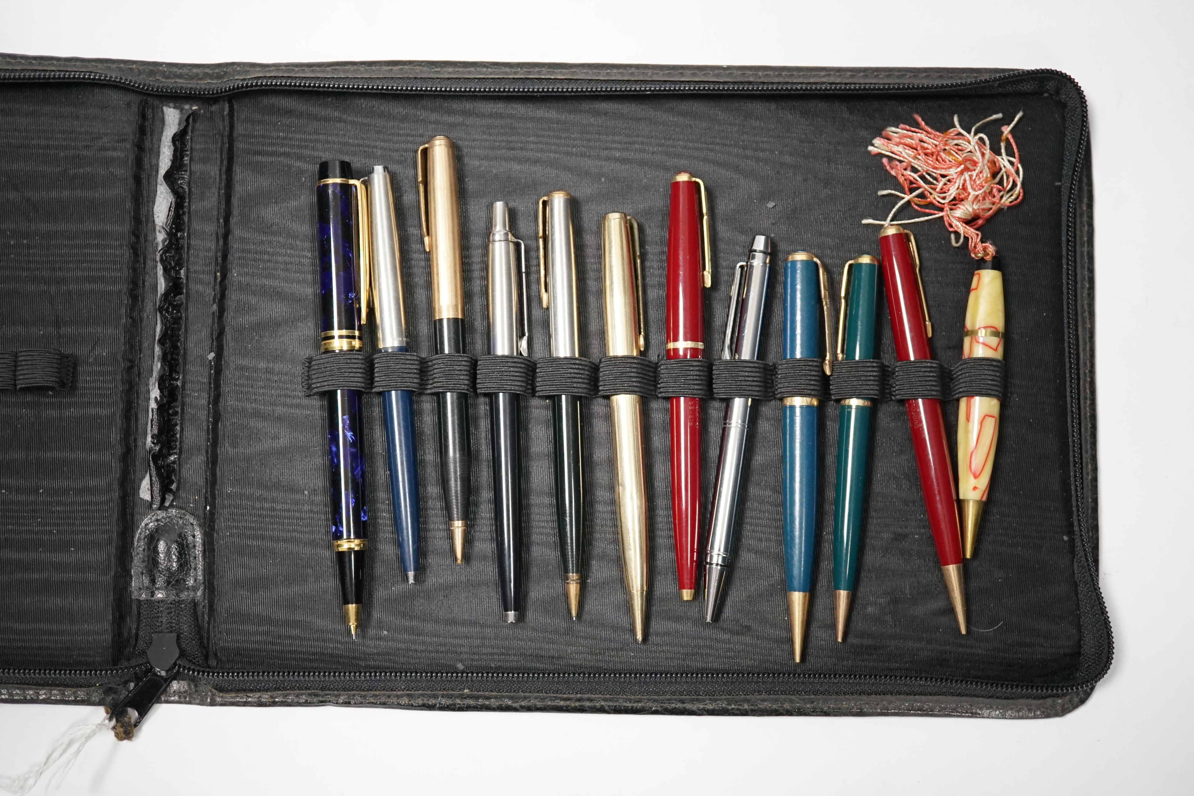 A Waterman 100 blue marble pencil plus sundry ball pens and pencils and case